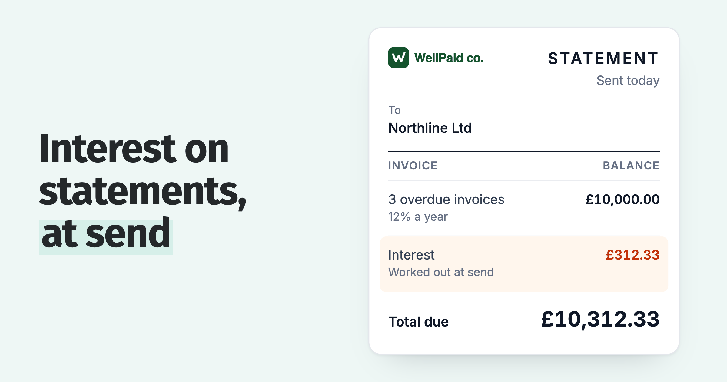 Statement for £10,000 of overdue invoices with £312.33 interest worked out on the day it is sent