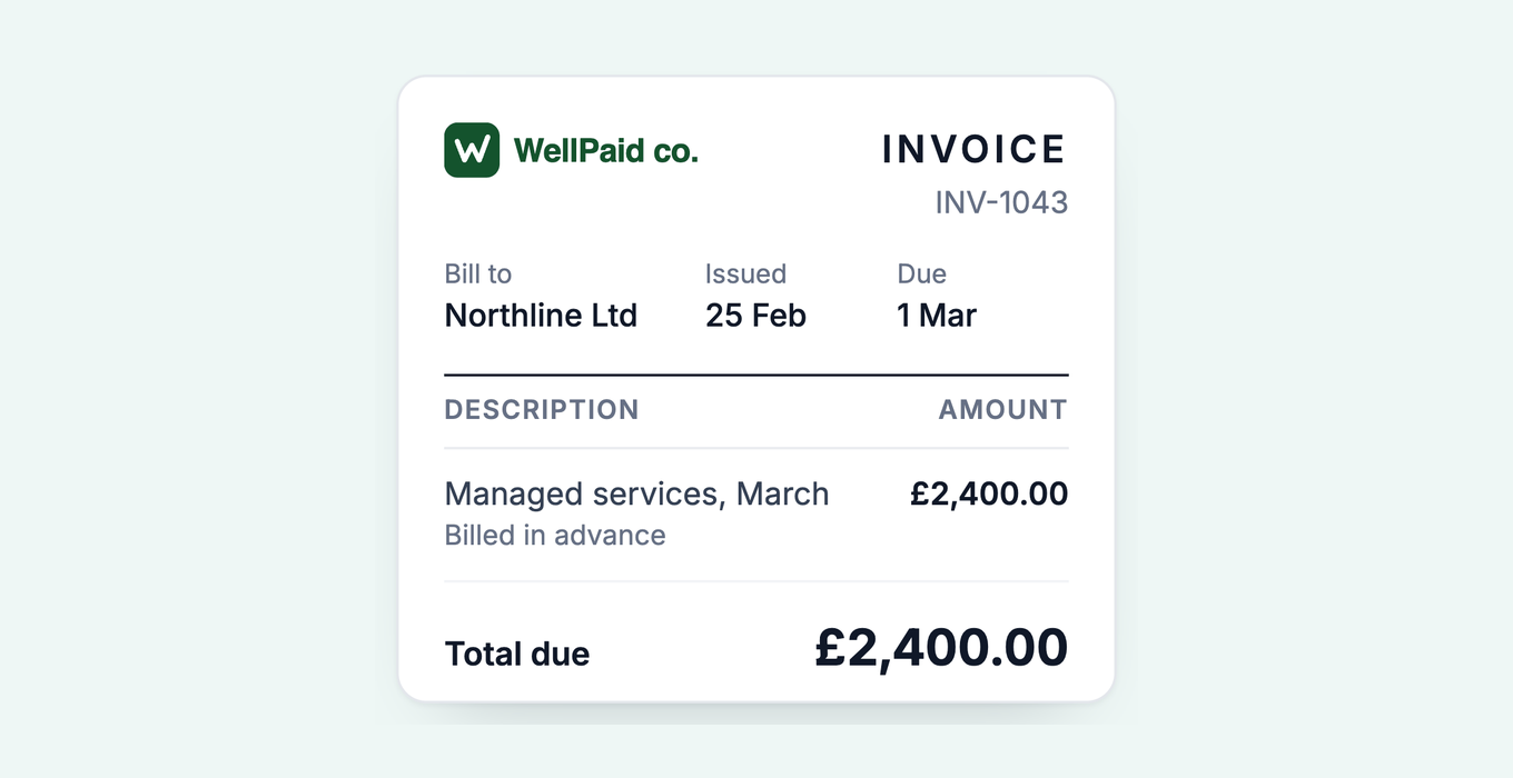 Invoice INV-1043 for managed services in March, issued 25 Feb, due 1 Mar, billed in advance