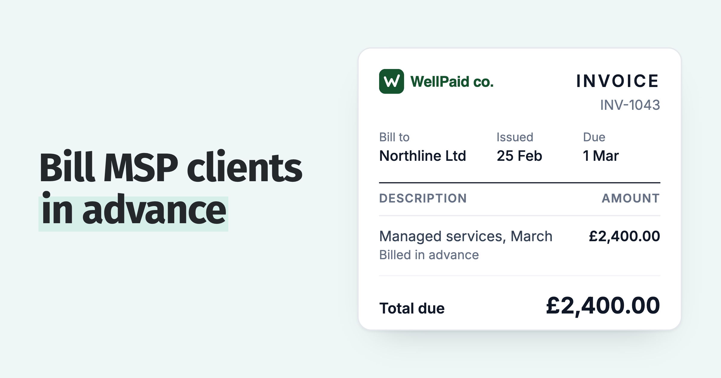 MSP invoice for March managed services, issued 25 February and due 1 March, billed in advance
