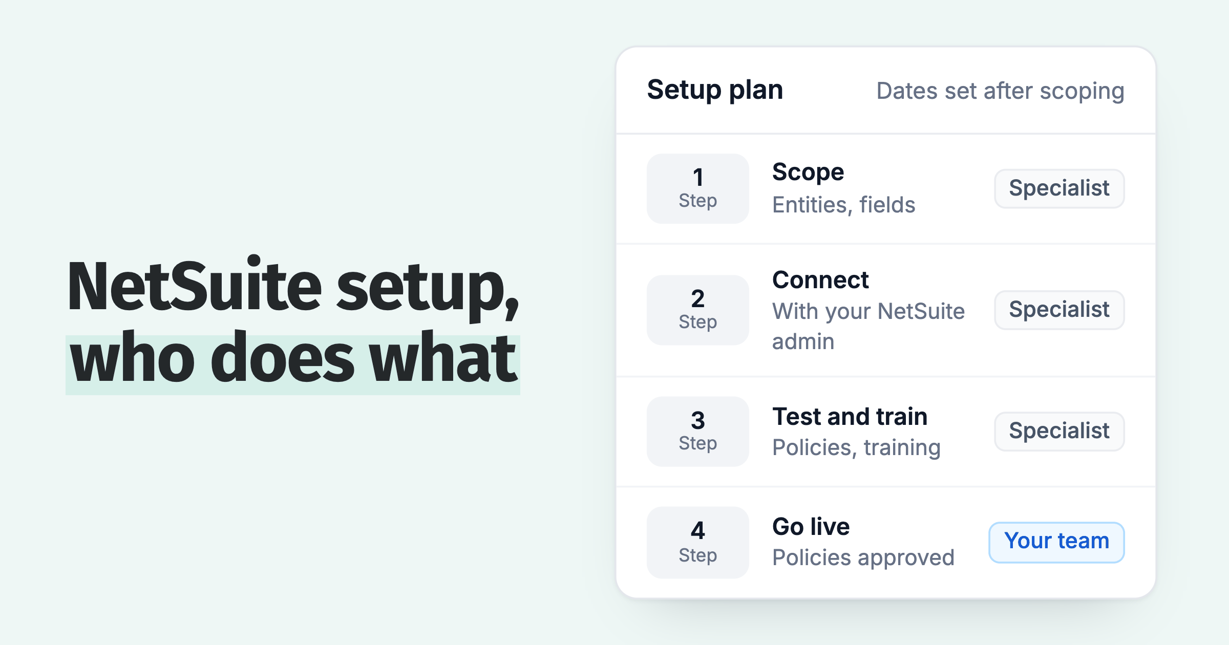 Four-step NetSuite setup plan: scope, connect, test and train, go live, with the owner of each step