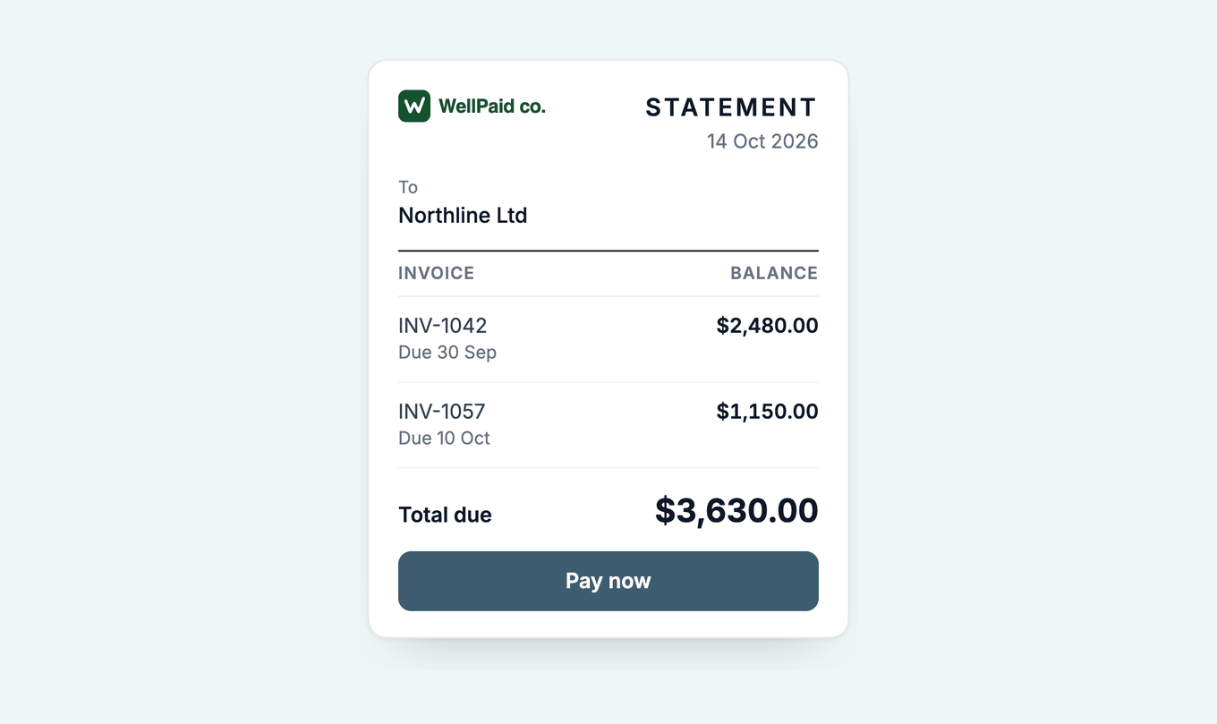 Statement of account for Northline Ltd with two invoices, the total due and a Pay now button