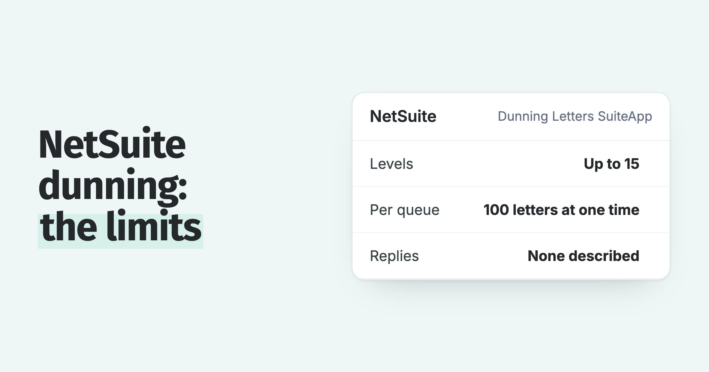 NetSuite Dunning Letters SuiteApp limits: up to 15 levels, 100 letters at one time per queue, no reply handling described