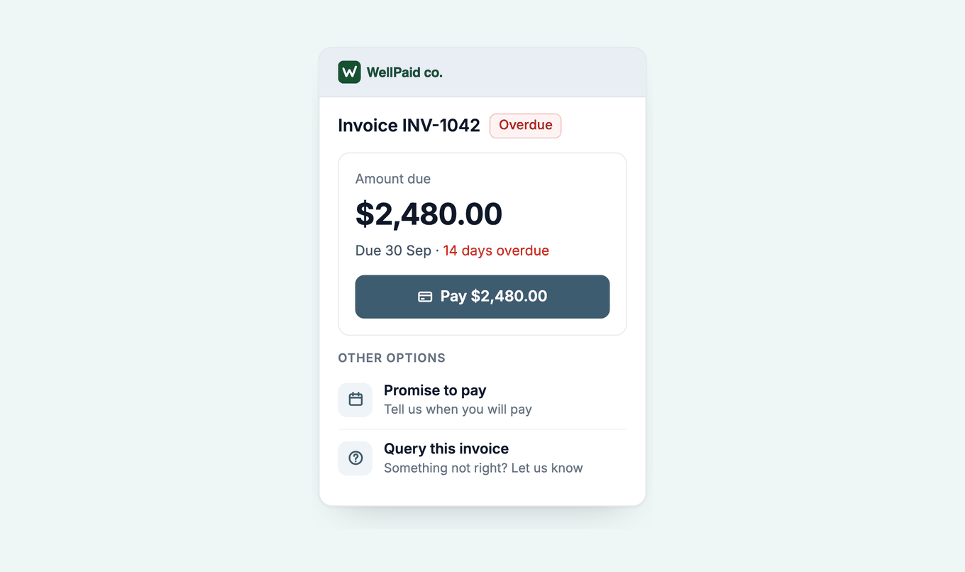 Paidnice customer portal page for an overdue NetSuite invoice with a Pay button, Promise to pay and Query this invoice