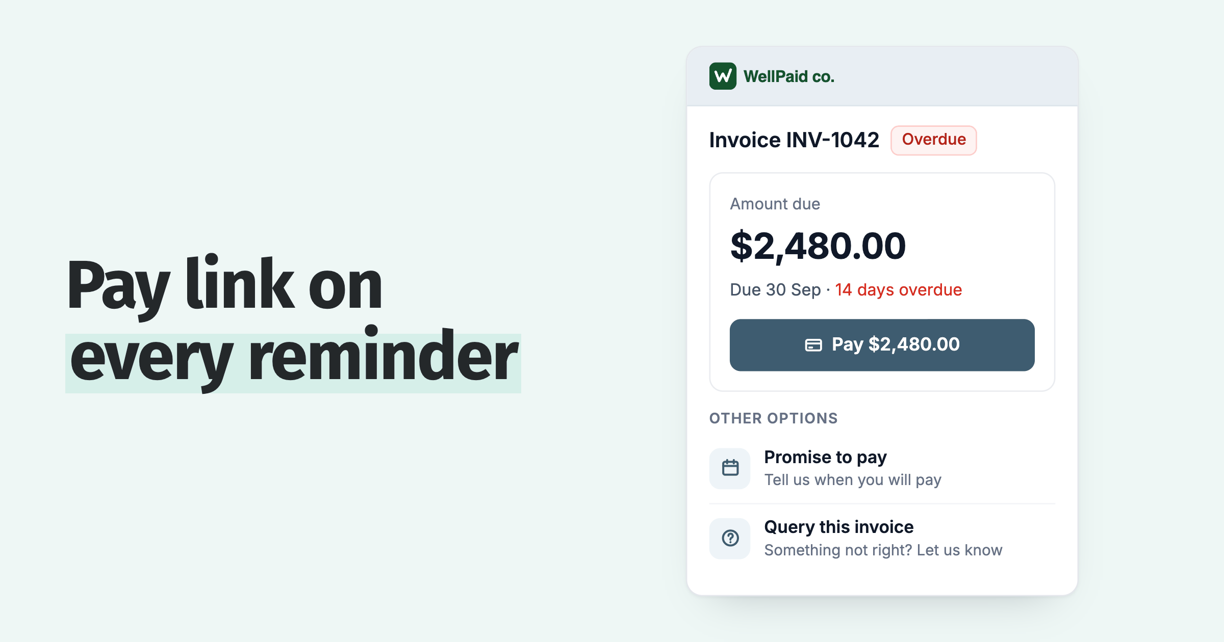 Customer portal invoice page with a Pay button, promise to pay and query options
