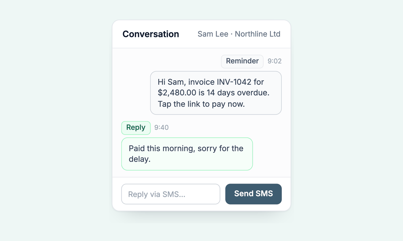 SMS payment reminder with a pay now link and the customer reply logged on the contact