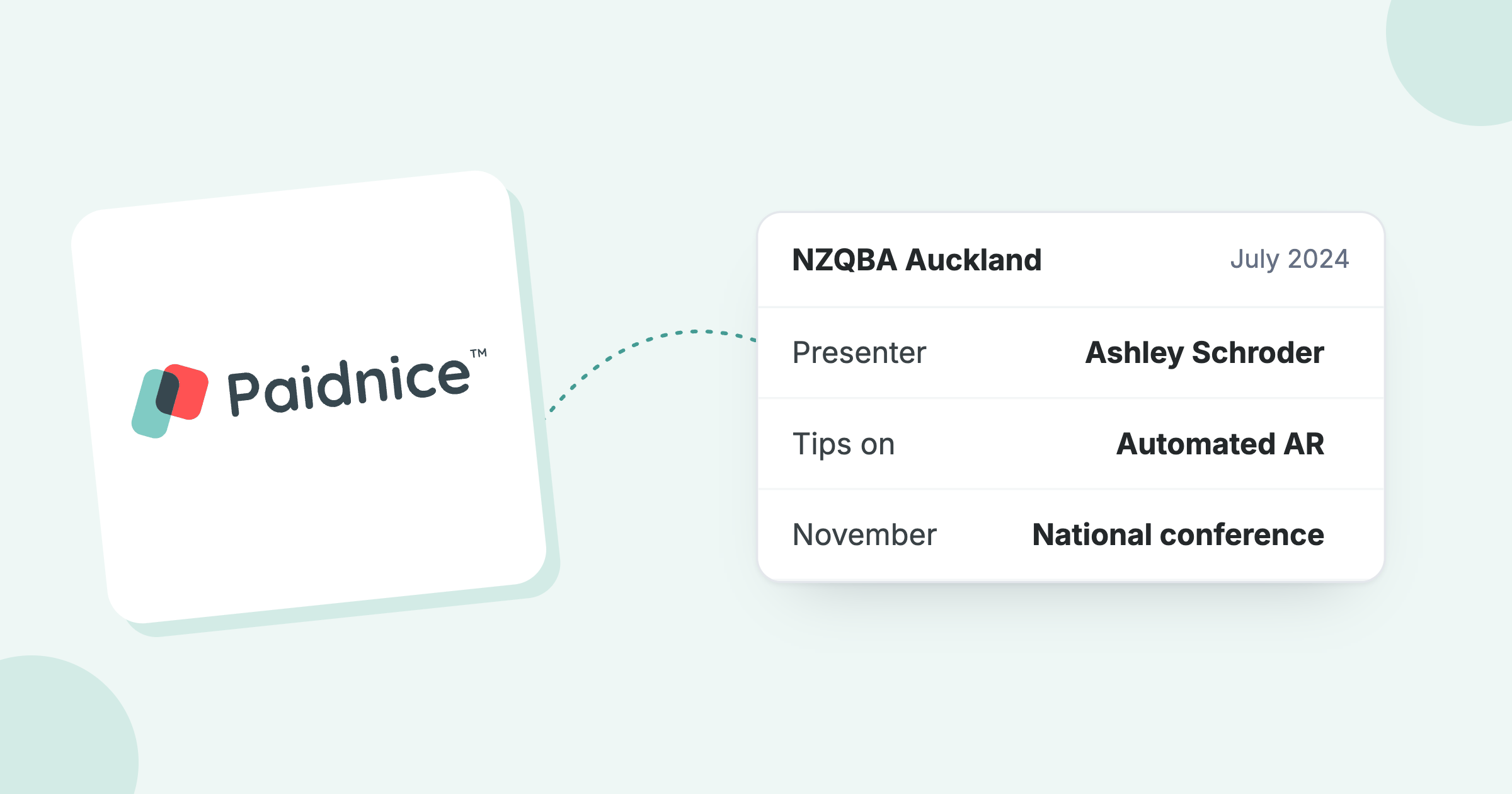 Paidnice logo beside the NZQBA Auckland talk: Ashley Schroder on automated AR in July 2024, then the national conference