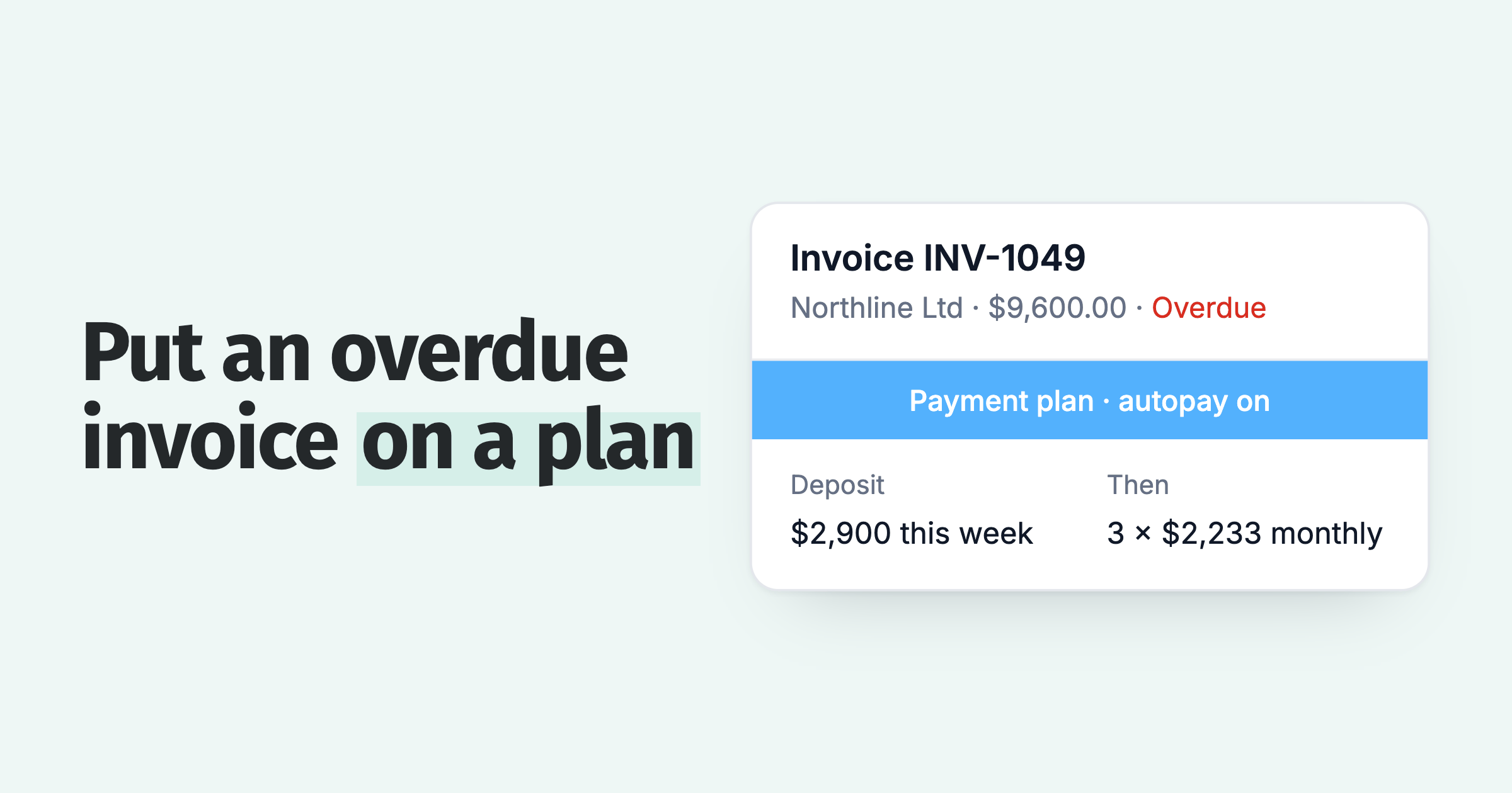 Payment plan on a $9,600 overdue balance: a $2,900 deposit, then three monthly payments of $2,233 on autopay
