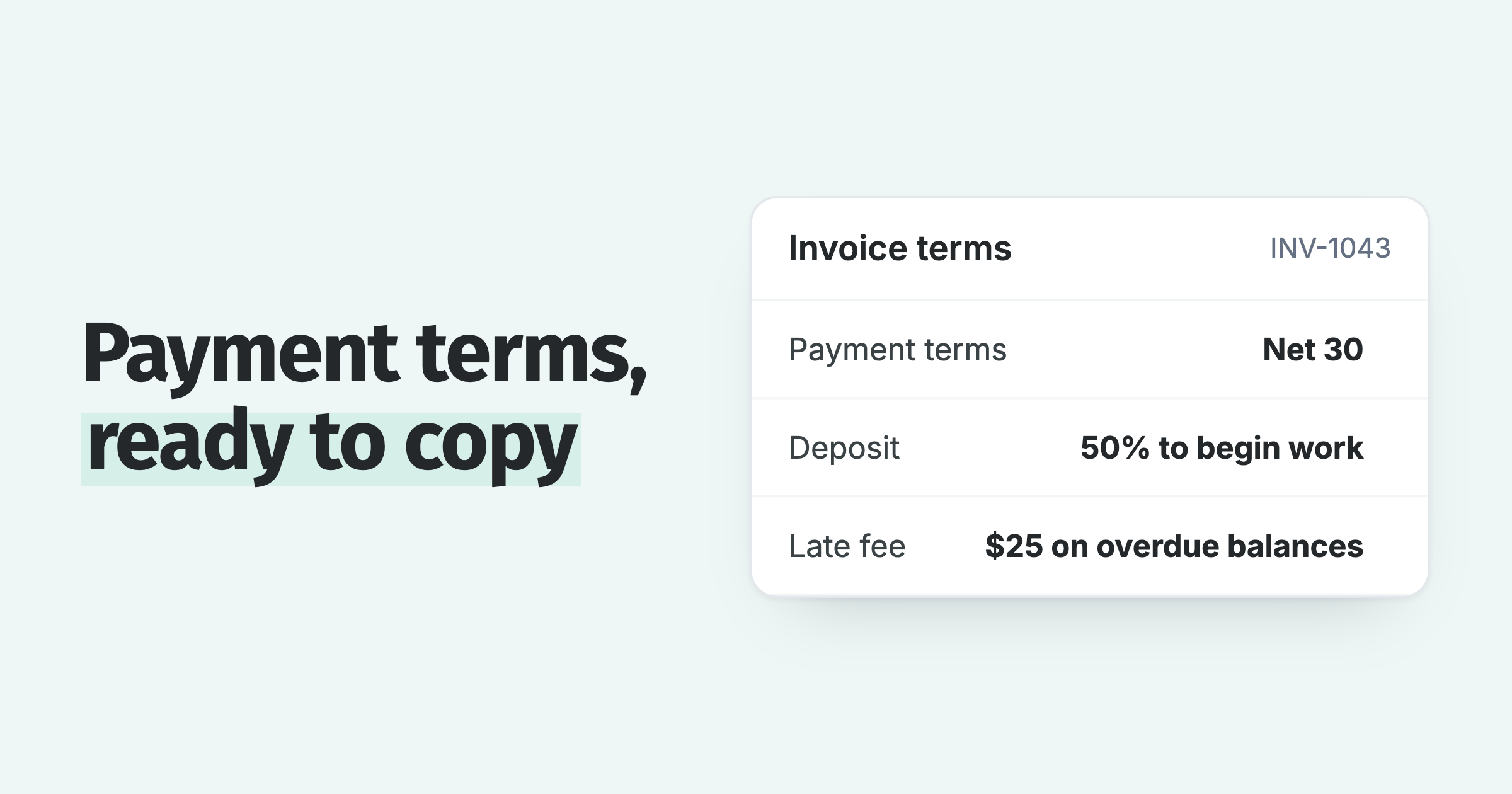 Invoice terms card: Net 30 payment terms, a 50% deposit and a $25 late fee