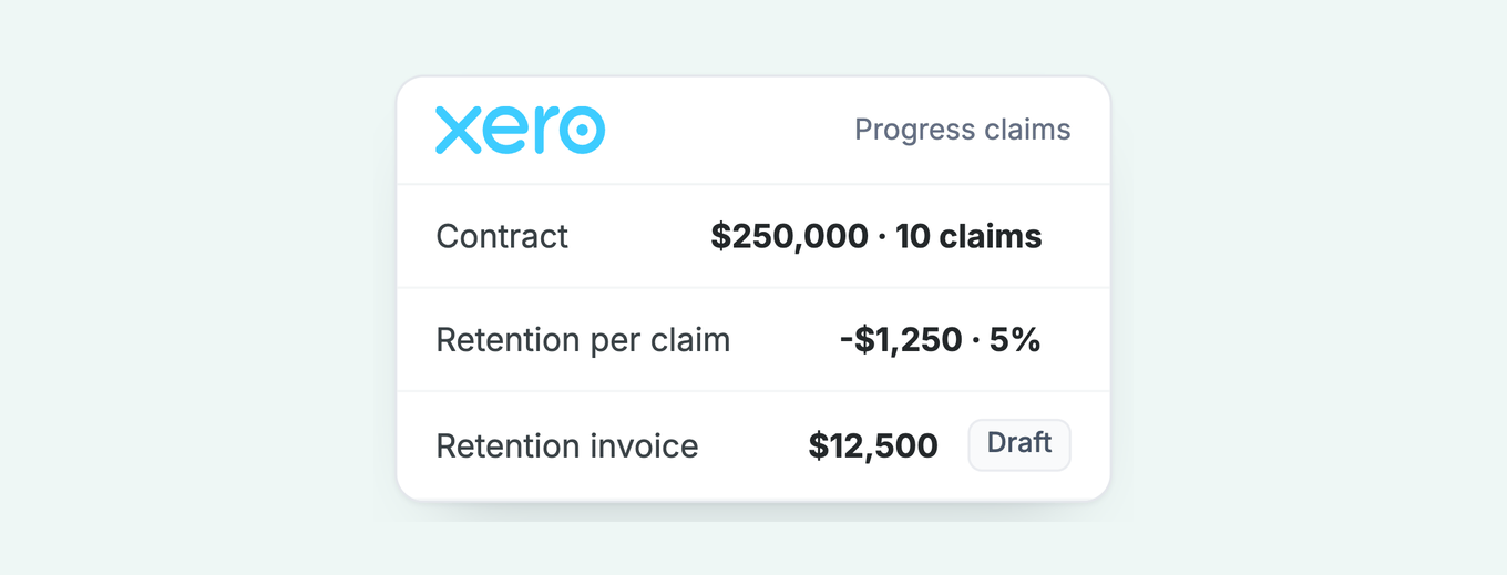 Xero progress claims: contract 250,000 dollars in 10 claims, retention of 1,250 dollars per claim, retention invoice of 12,500 dollars as a draft