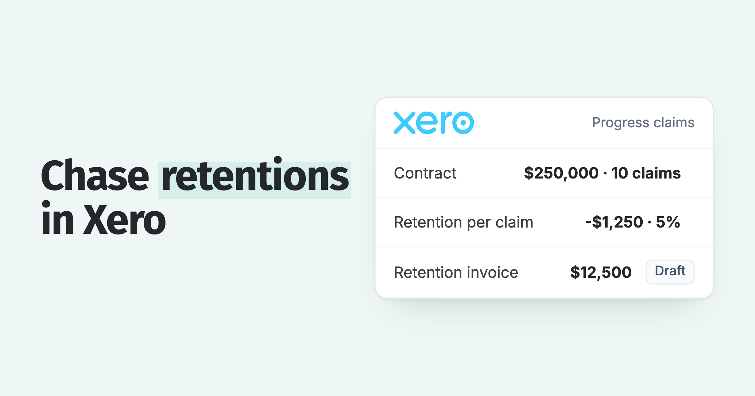 Progress claims in Xero: a $250,000 contract in 10 claims, $1,250 retention held on each, a $12,500 draft retention invoice