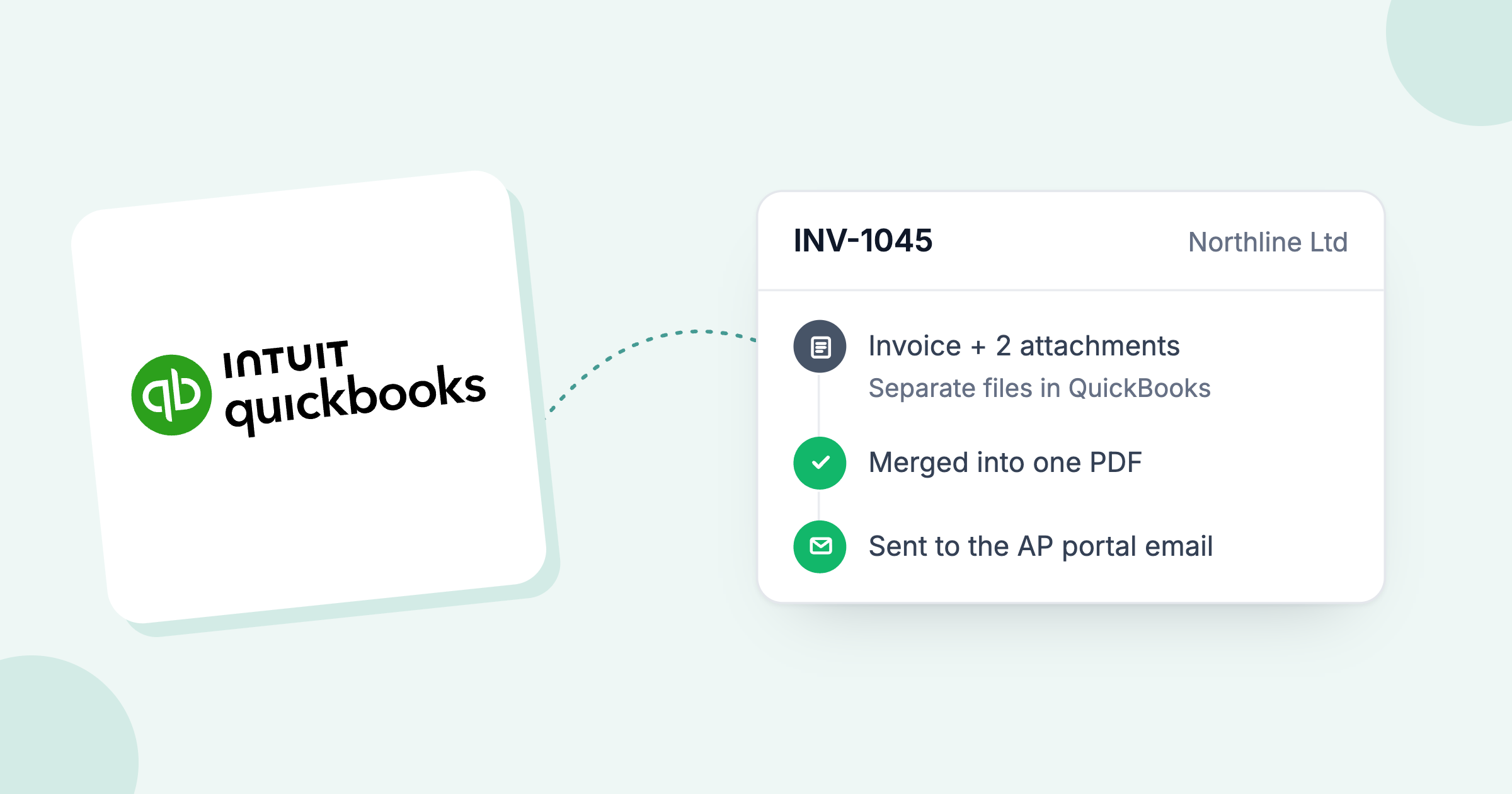 QuickBooks logo beside an invoice and two attachments merged into one PDF and sent to the AP portal email