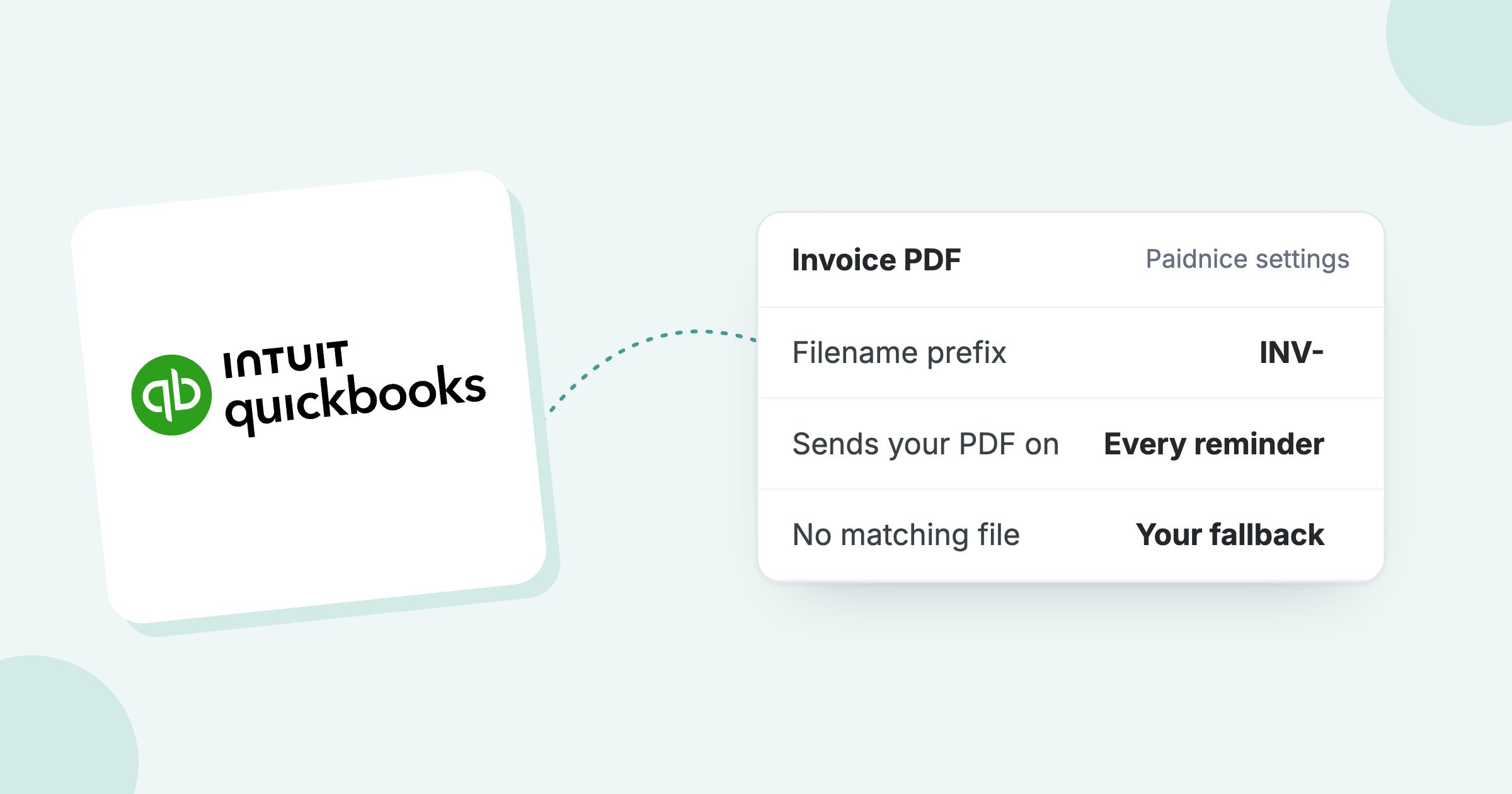 QuickBooks logo beside the Paidnice Invoice PDF setting: filename prefix INV-, your PDF on every reminder, a fallback