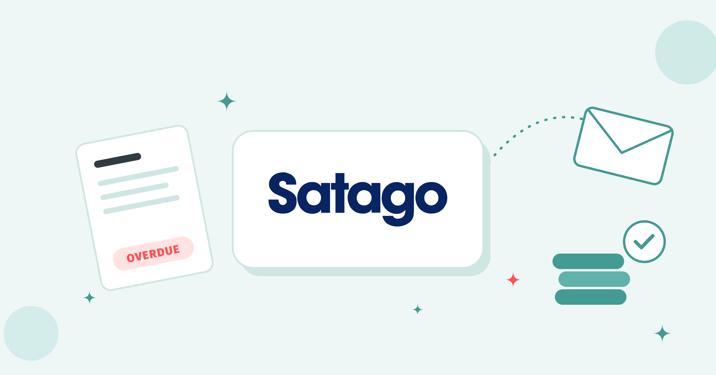 Satago logo on a white tile between an overdue invoice and a flying envelope with a stack of paid coins