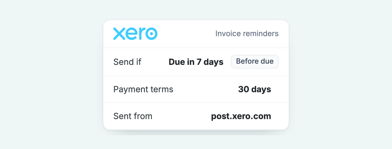 Xero invoice reminders: send if due in 7 days, payment terms 30 days, sent from post.xero.com