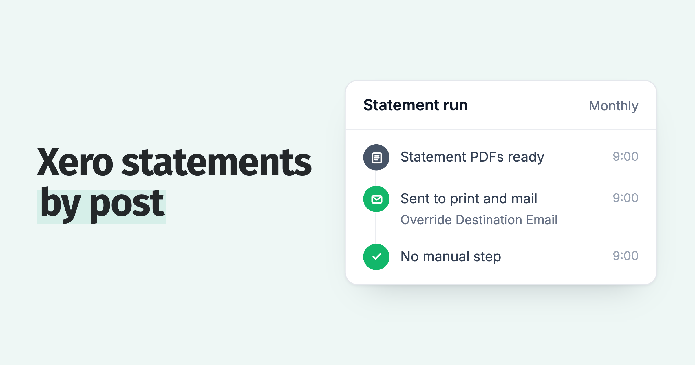 Monthly Xero statement run: statement PDFs sent to a print and mail provider on schedule, with no manual step