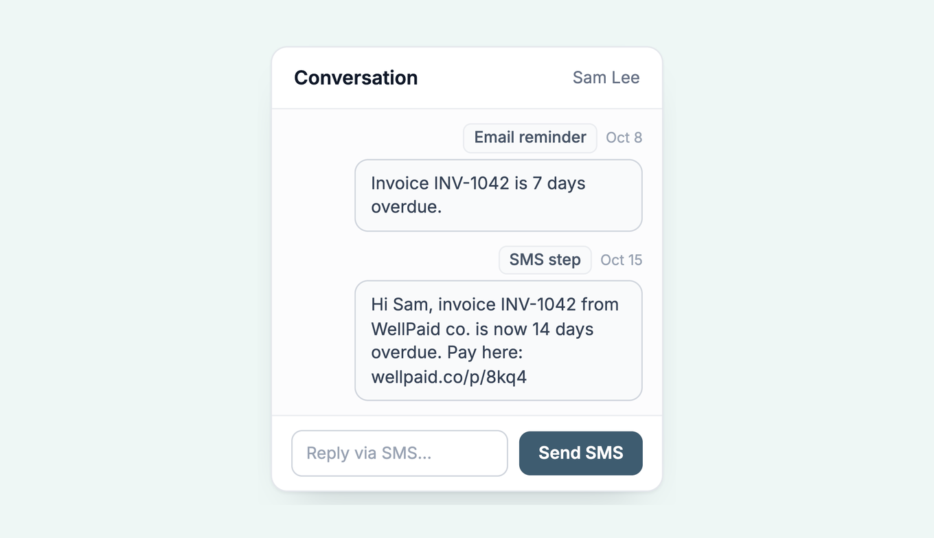 SMS conversation for a Xero invoice: email reminder, SMS 14 days overdue with a pay link, and a reply box
