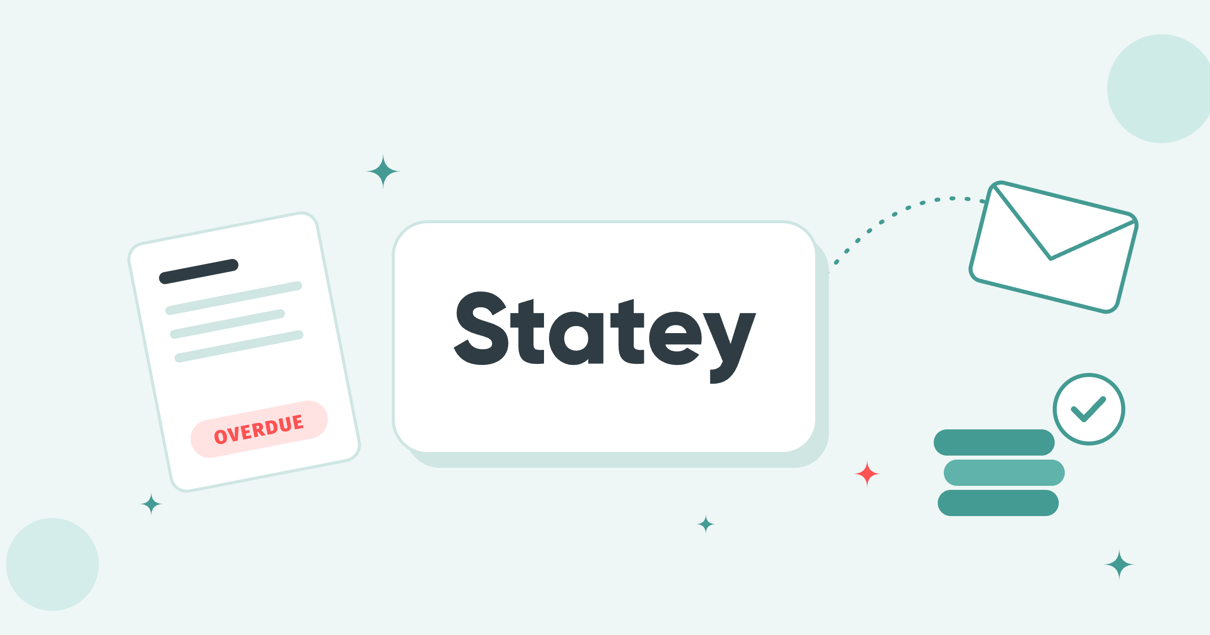 Statey logo on a white tile between an overdue invoice and a flying envelope with a stack of paid coins