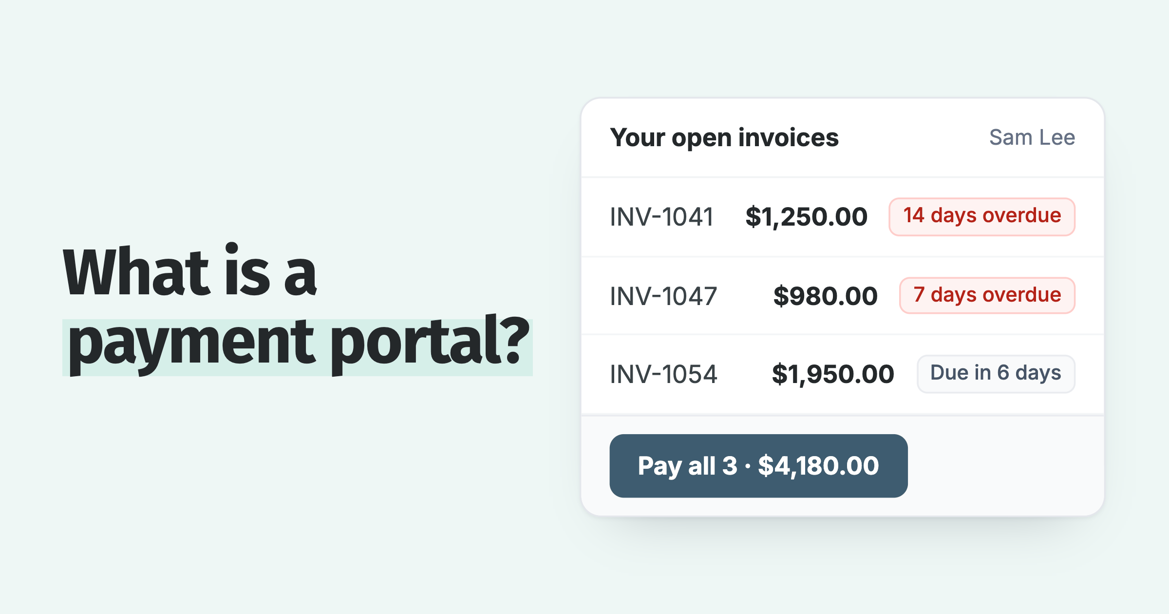 Customer payment portal: three open invoices, two overdue and one not yet due, paid together for $4,180.00