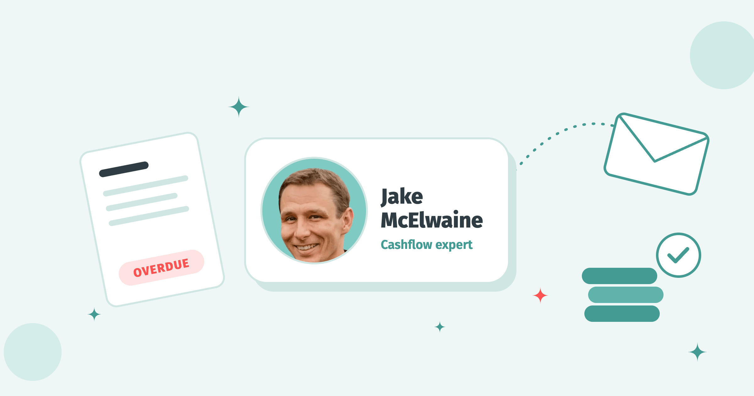 Round portrait of cashflow expert Jake McElwaine on a white tile, with an overdue invoice, an envelope and paid coins