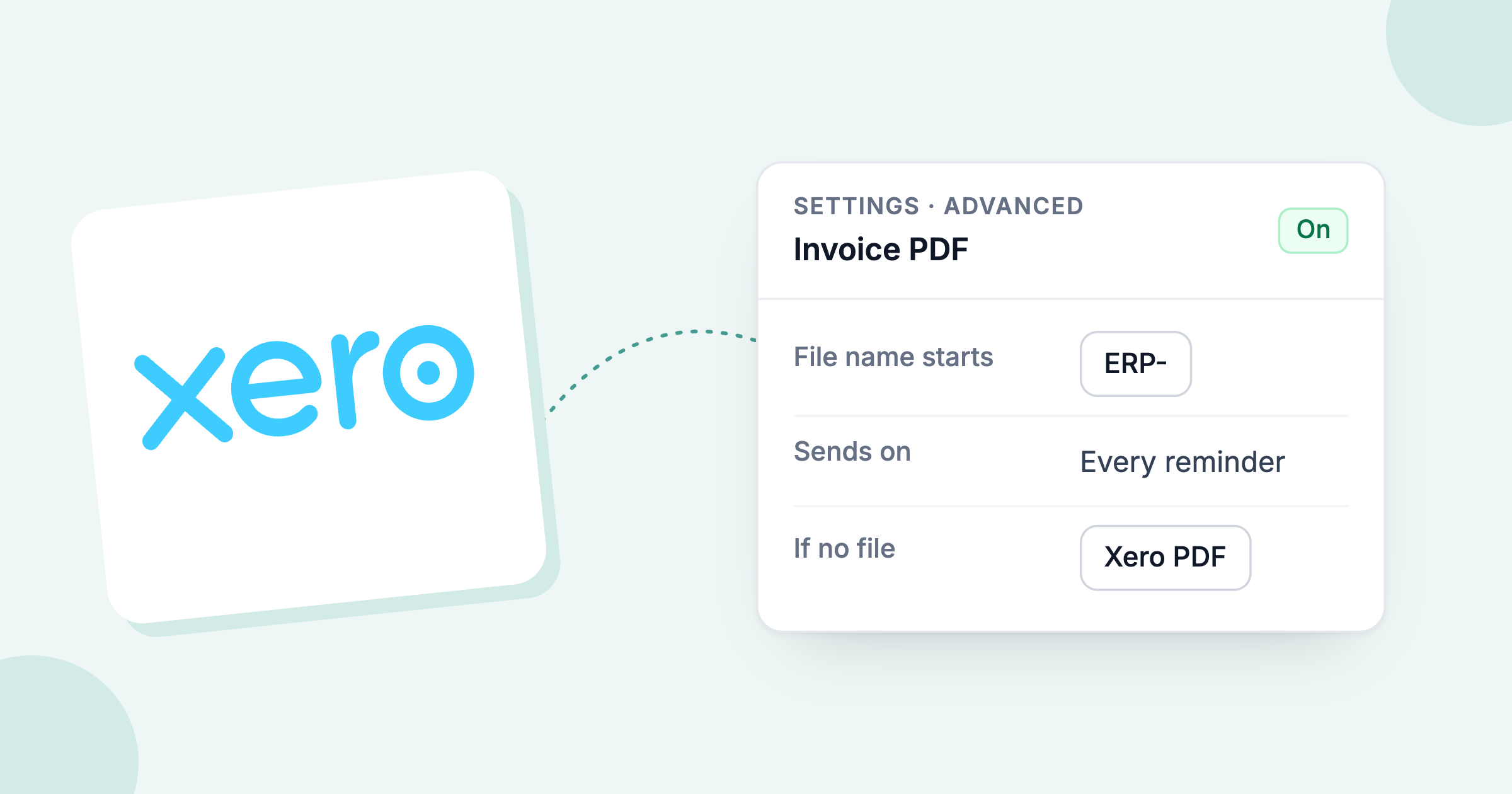 Xero logo beside the Paidnice Invoice PDF setting that sends the ERP invoice PDF on reminders, statements and the portal