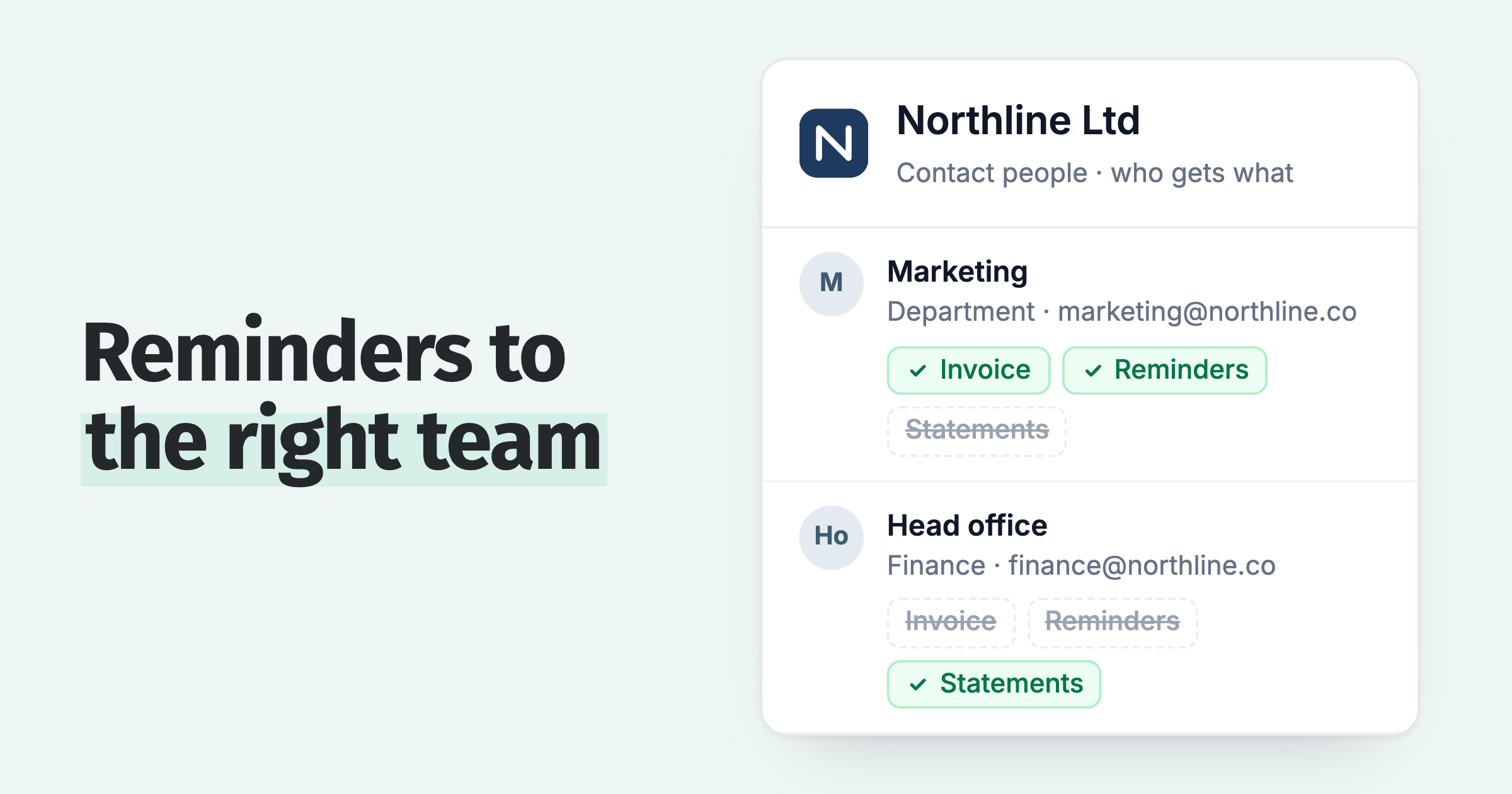 Contact routing: Marketing gets its own invoices and reminders, head office gets the statement