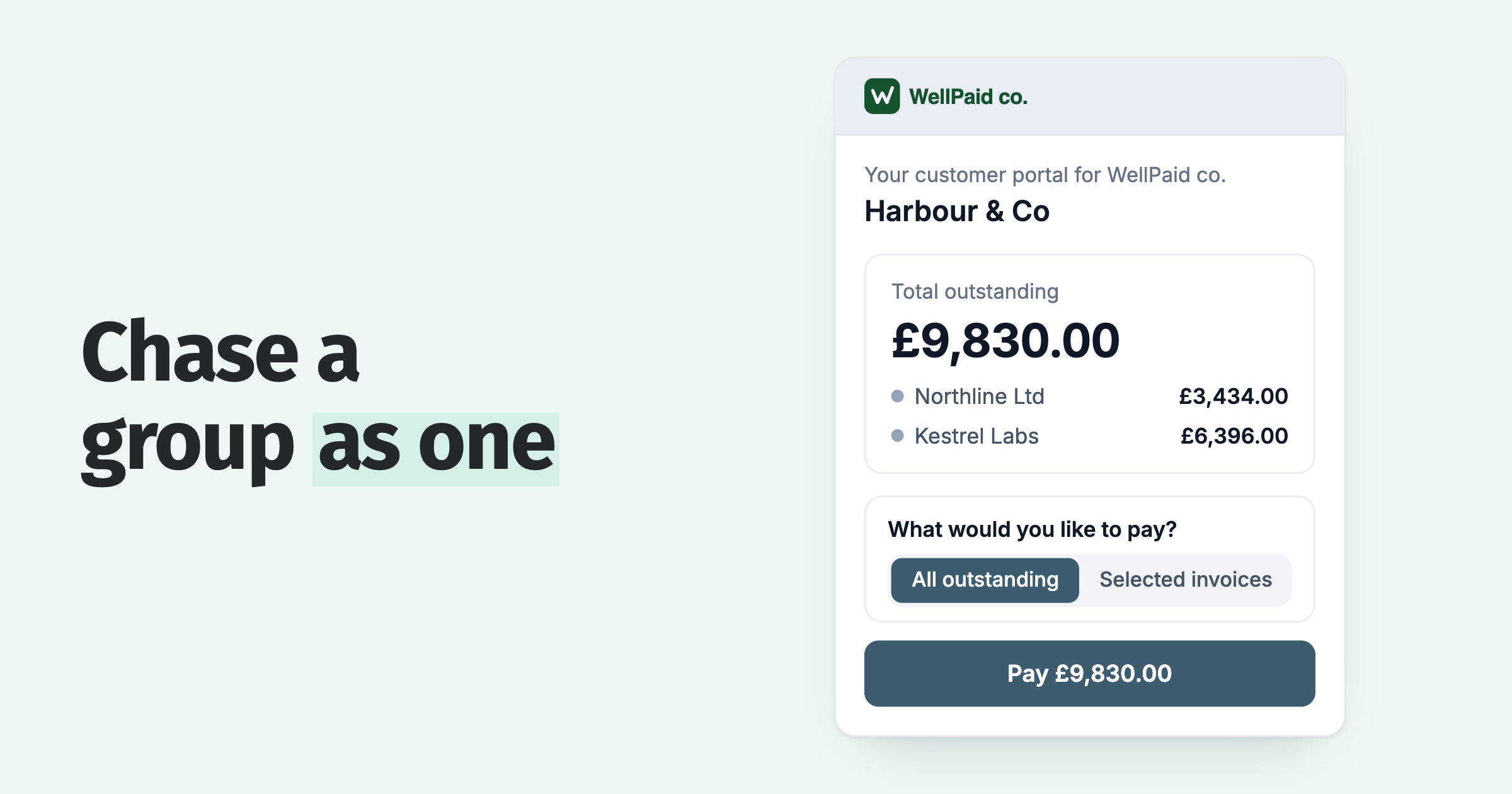 Parent customer portal: one balance of £9,830 across two group companies, paid in one payment