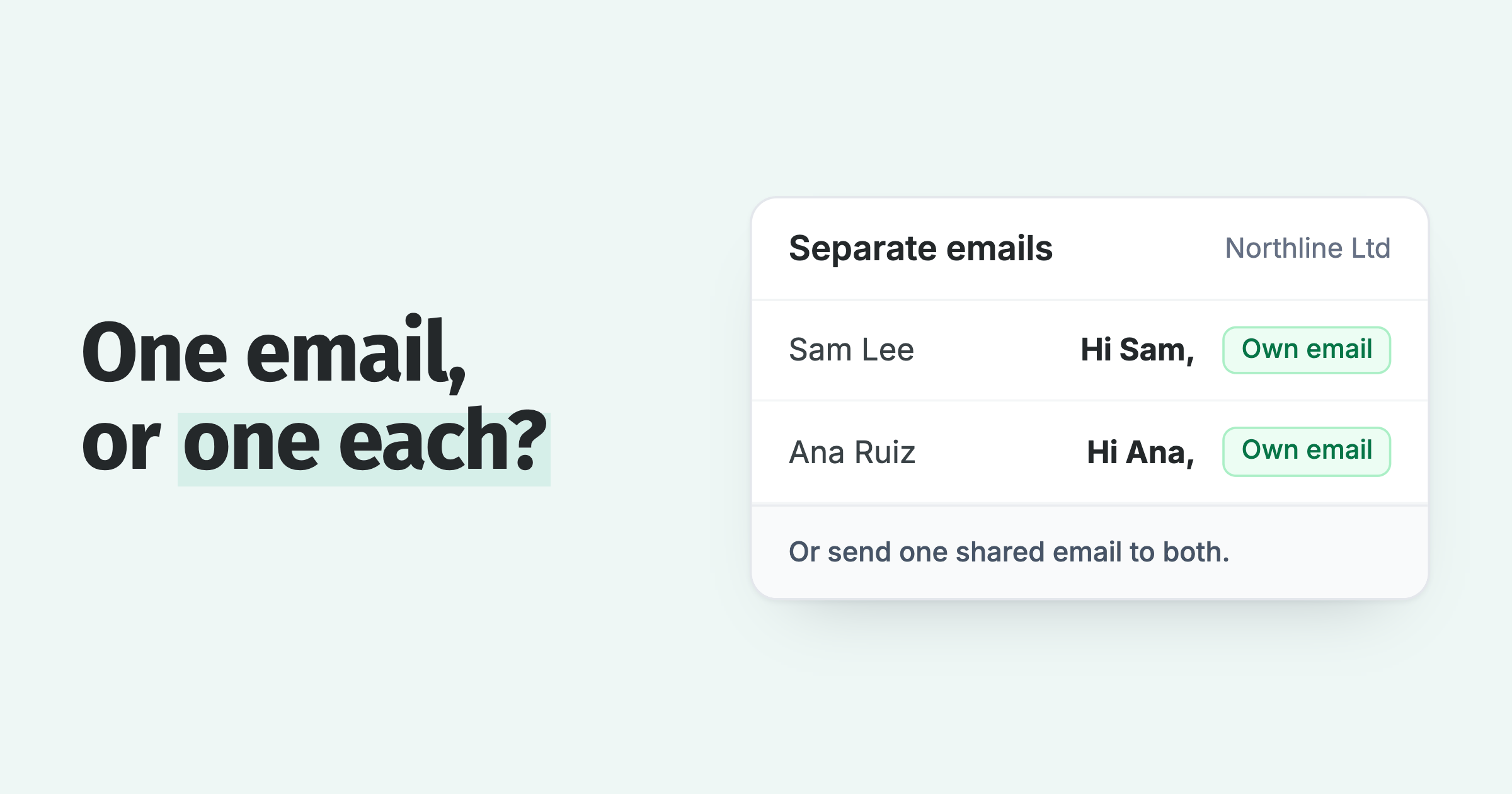 Separate reminder emails to two Northline Ltd contacts, each greeted by name, or one shared email to both
