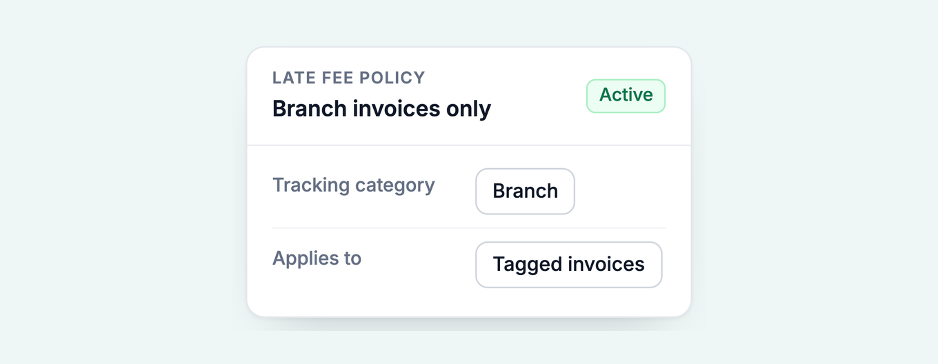 Paidnice late fee policy for branch invoices only, filtered by the Branch tracking category