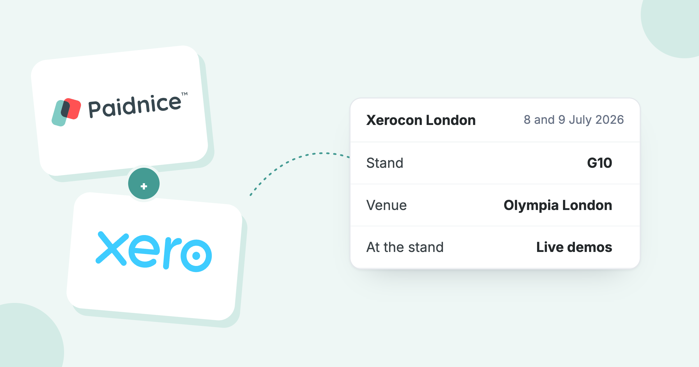Paidnice and Xero logos beside the Xerocon London details: 8 and 9 July 2026, stand G10, Olympia London