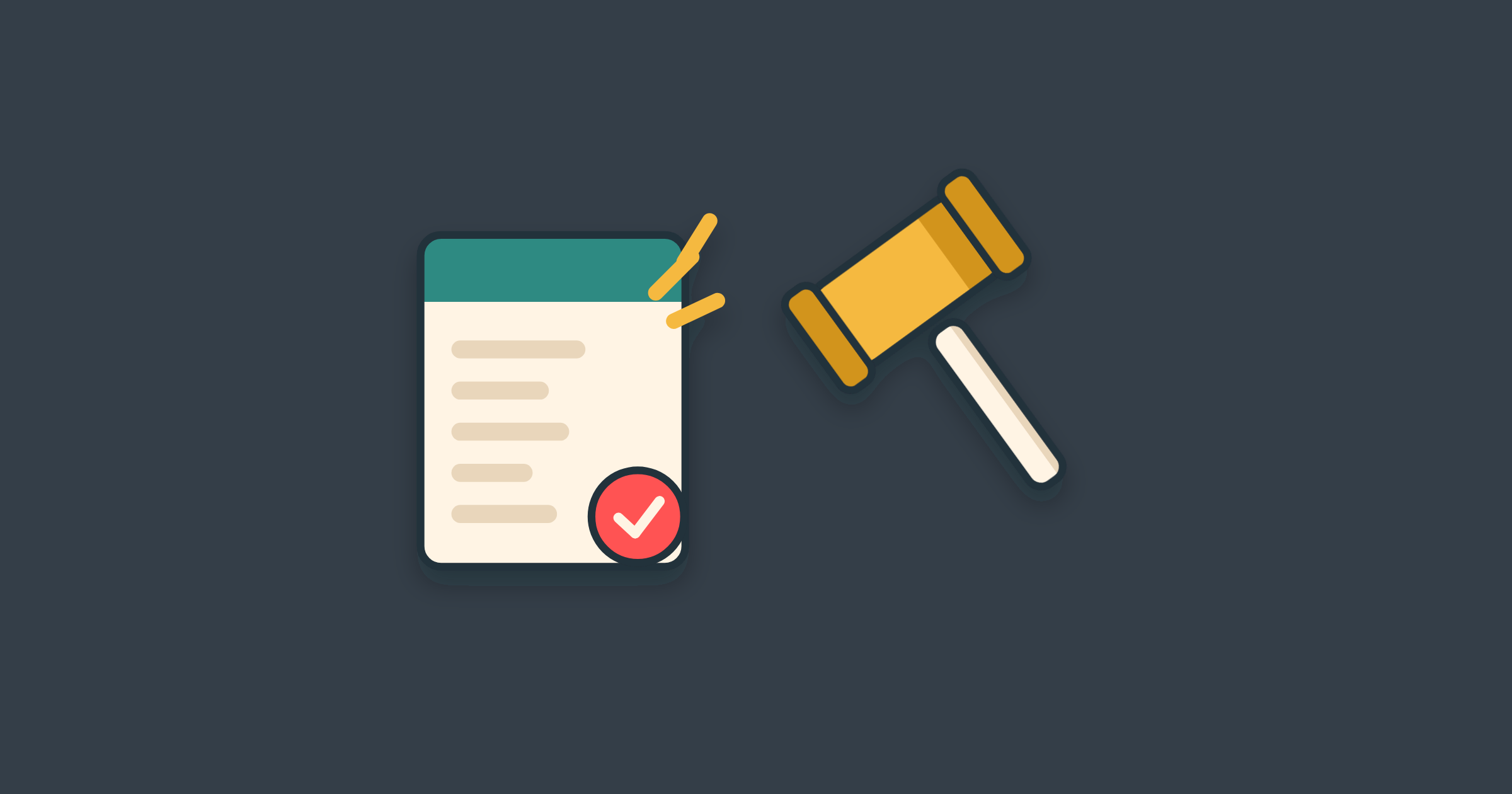 Illustration of a bill document being struck by a gavel with a coral seal of approval, for the UK Commercial Payments Bill late payment law