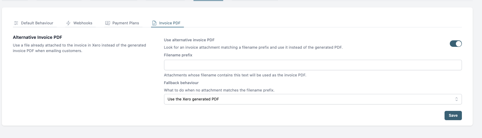 The Invoice PDF tab in Paidnice settings, with Use alternative invoice PDF switched on, the Filename prefix field and the Fallback behaviour dropdown
