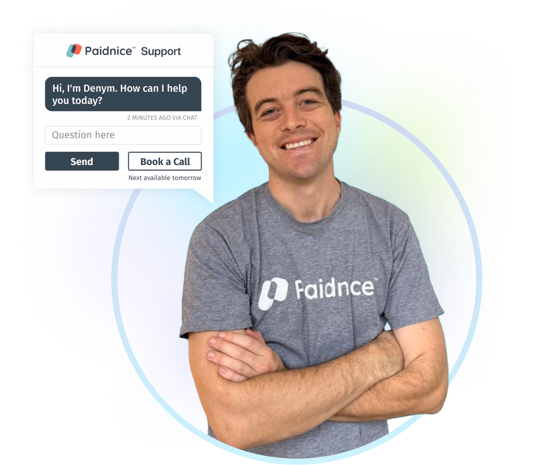 Denym from the Paidnice team, next to a support chat window