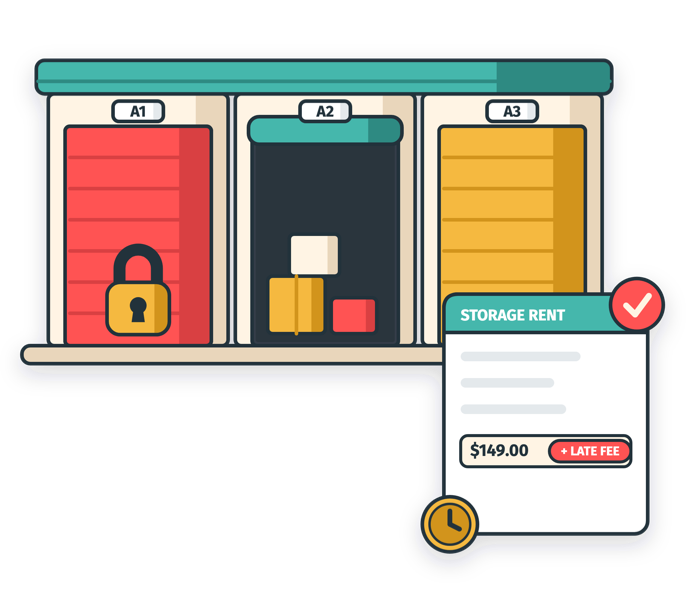 Paidnice illustration of a self storage facility with a storage rent invoice, automatic late fee and on-time payment tick